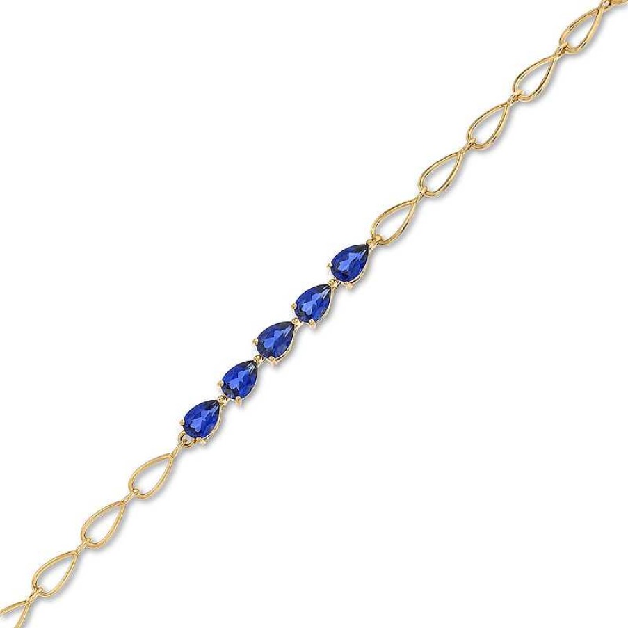 Zales Pear-Shaped Ceylon Blue Lab-Created Sapphire Five Stone Link Chain Bracelet In 10K Gold - 7.25" Bracelets