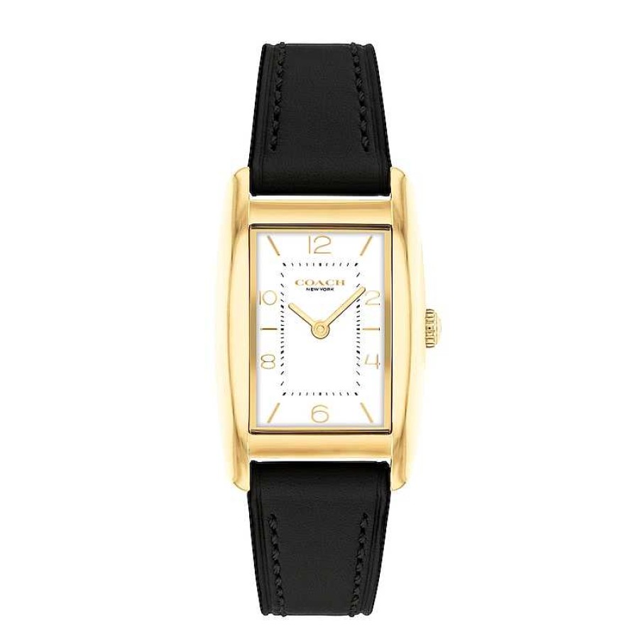 Coach Ladies' Coach Reese Gold-Tone Ip Black Leather Strap Watch With Rectangular White Dial (Model: 14504312) Watches