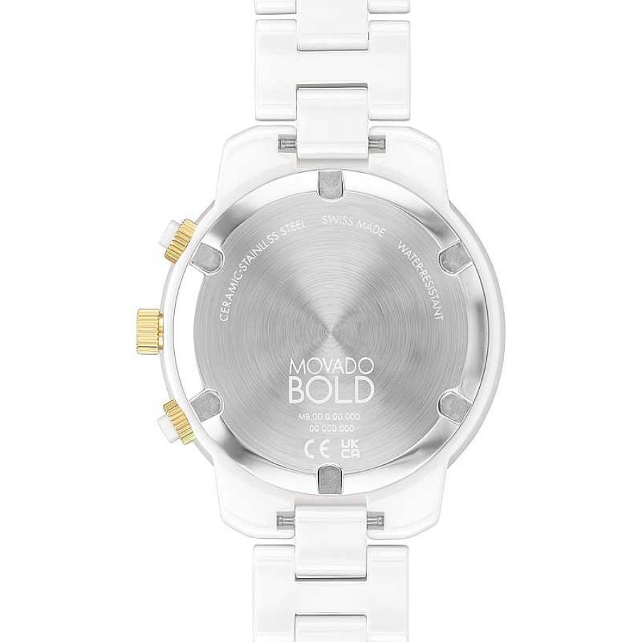 Movado Ladies' Movado Bold® Verso Gold-Tone Ip And White Ceramic Chronograph Watch With White Dial (Model: 3600933) Watches