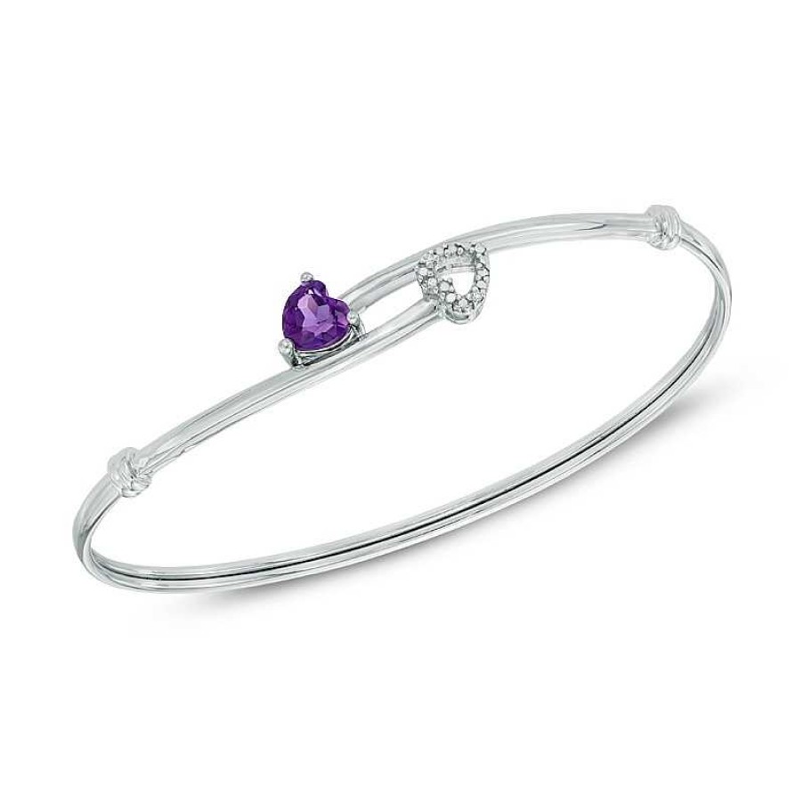 Zales 6.0Mm Heart-Shaped Amethyst And Diamond Accent Double Heart Bangle In Sterling Silver Bracelets