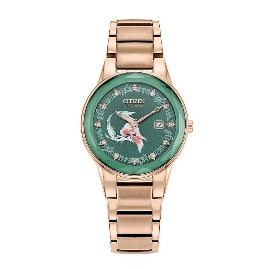 Citizen Ladies' Citizen Eco-Drive® Disney Ariel Crystal Accent Rose-Tone Watch With Green Dial And Pin Set (Model: Ga1073-63W) Watches