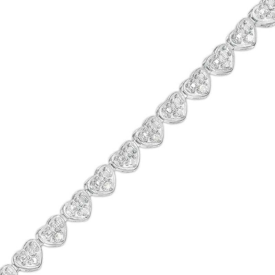 Zales 1/10 Ct. T.W. Diamond Beaded Hearts Link Line Bracelet In Sterling Silver - 7.25" Bracelets