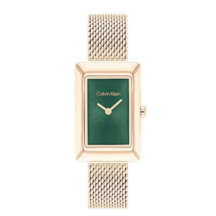 Calvin Klein Ladies' Calvin Klein Rose-Tone Ip Mesh Watch With Rectangular Green Dial (Model: 25200395) Watches