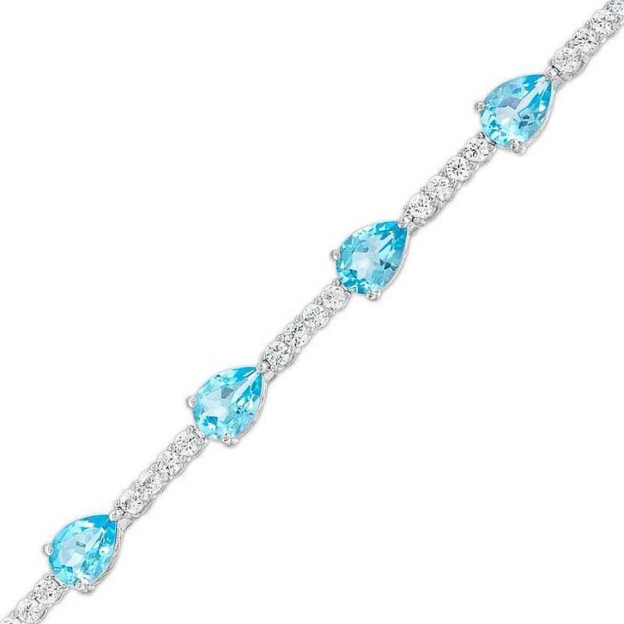 Zales Pear-Shaped Swiss Blue Topaz And White Lab-Created Sapphire Station Line Bracelet In Sterling Silver - 7.25" Bracelets