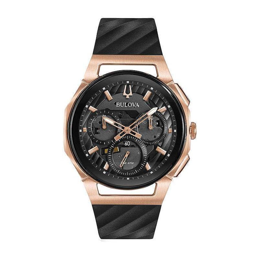 Bulova Men'S Bulova Curv Chronograph Two-Tone Strap Watch With Black Skeleton Dial (Model: 98A185) Watches