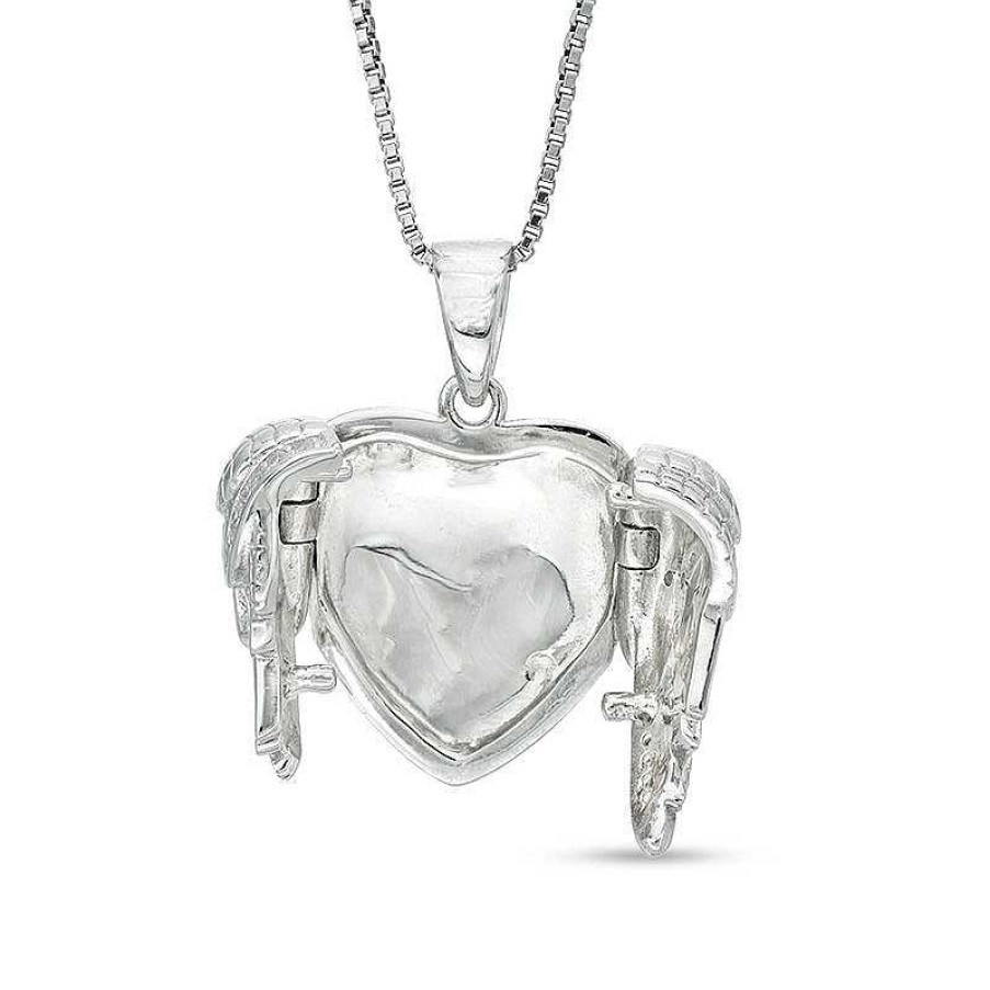 Zales White Lab-Created Sapphire Angel Wings Heart Locket In Sterling Silver Necklaces