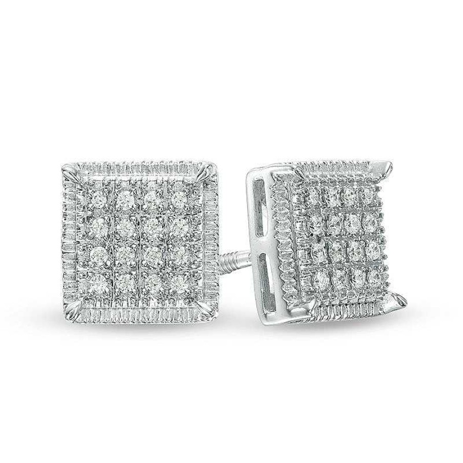 Zales Men'S 1/8 Ct. T.W. Square-Shaped Multi-Diamond Textured Frame Stud Earrings In Sterling Silver Earrings