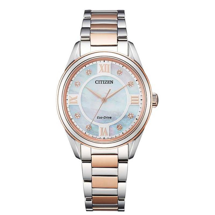 Citizen Ladies' Citizen Eco-Drive® Fiore Diamond Accent Two-Tone Watch With Mother-Of-Pearl Dial (Model: Em0876-51D) Watches