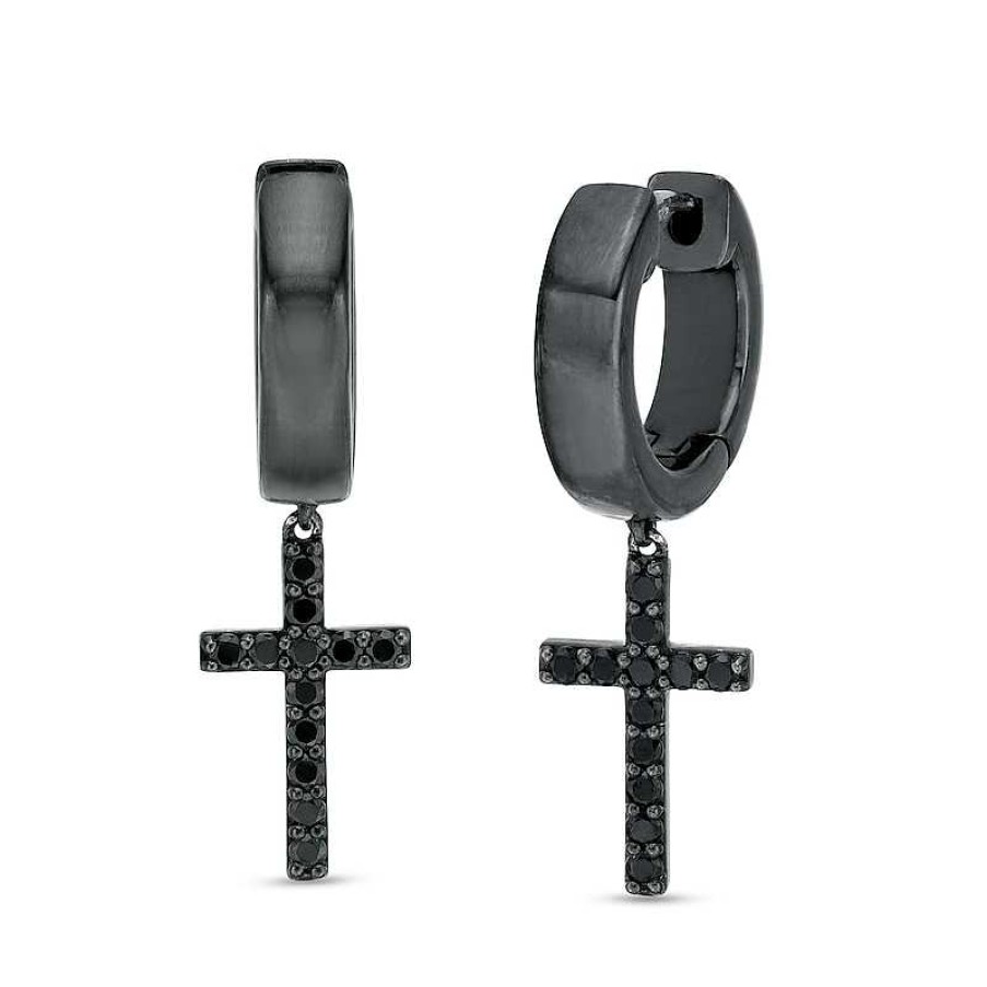 Zales Vera Wang Men 3/8 Ct. T.W. Black Diamond Cross Drop Earrings In Sterling Silver With Black Ruthenium Earrings