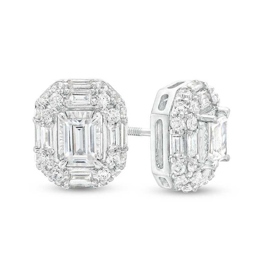 Zales 2 Ct. T.W. Certified Emerald-Cut Lab-Created Diamond Double Frame Stud Earrings In 14K White Gold (F/Si2) Earrings