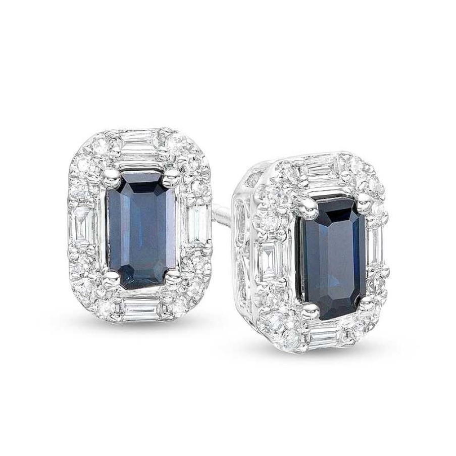 Zales Emerald-Cut Blue Sapphire And 1/6 Ct. T.W. Baguette And Round Diamond Frame Stud Earrings In 10K White Gold Earrings