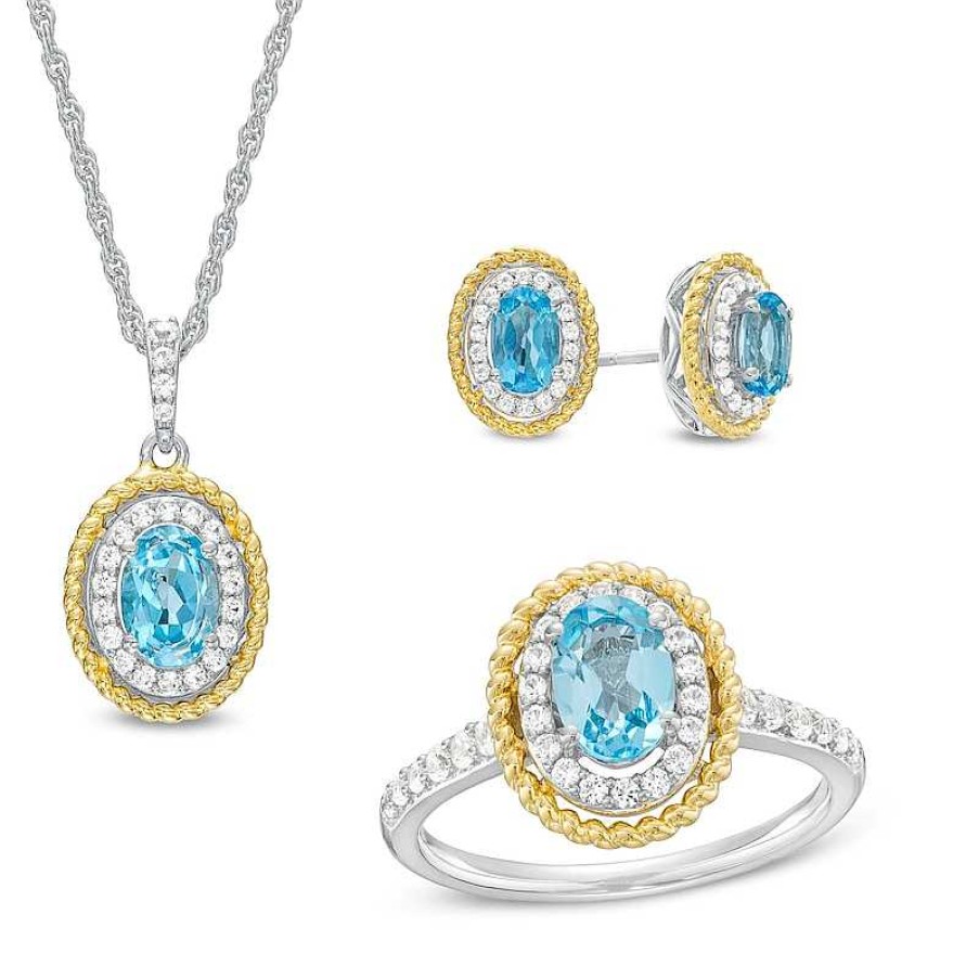 Zales Oval Blue Topaz And White Lab-Created Sapphire Pendant, Earrings And Ring Set In Sterling Silver And 14K Gold Plate Earrings