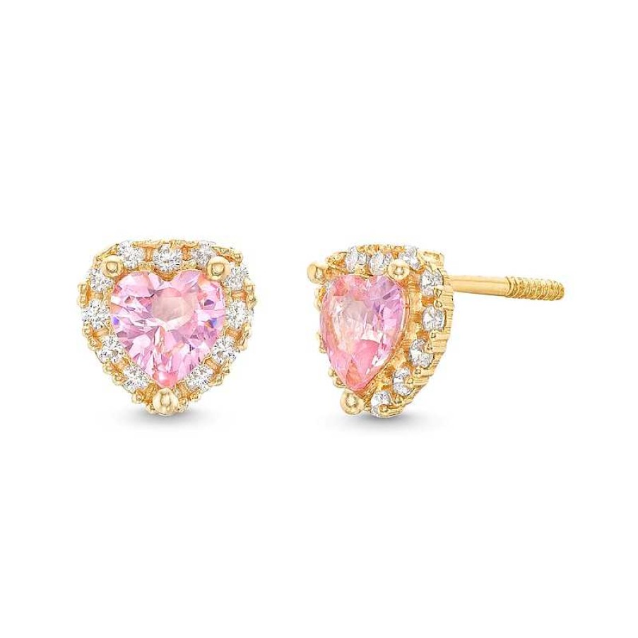 Zales Child'S Pink And White Cubic Zirconia Frame Heart Stud Earrings In 14K Gold Earrings