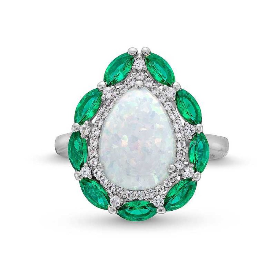 Zales Pear-Shaped Lab-Created Opal, Lab-Created Emerald And White Lab-Created Sapphire Frame Ring In Sterling Silver Rings