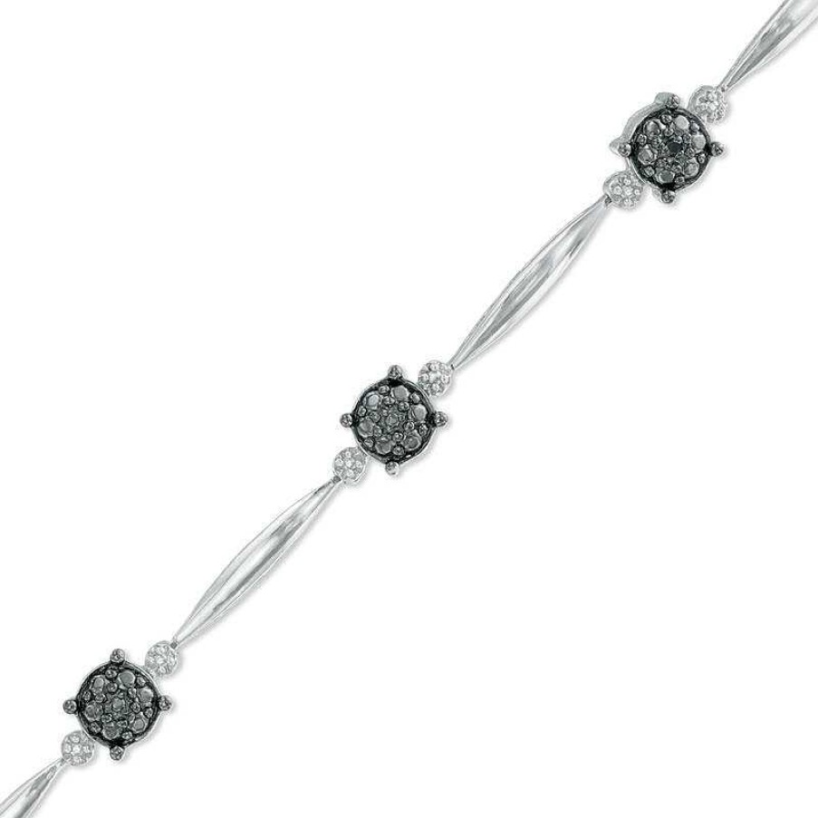 Zales Black Diamond Accent Cluster Station Bar Bracelet In Sterling Silver - 7.25" Bracelets