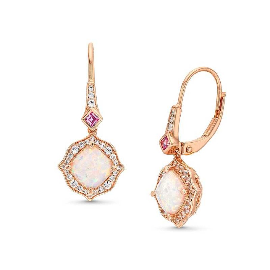 Zales Cushion-Cut Lab-Created Opal, Pink Lab-Created Sapphire And 1/4 Ct. T.W. Diamond Floral Drop Earrings In 10K Rose Gold Earrings