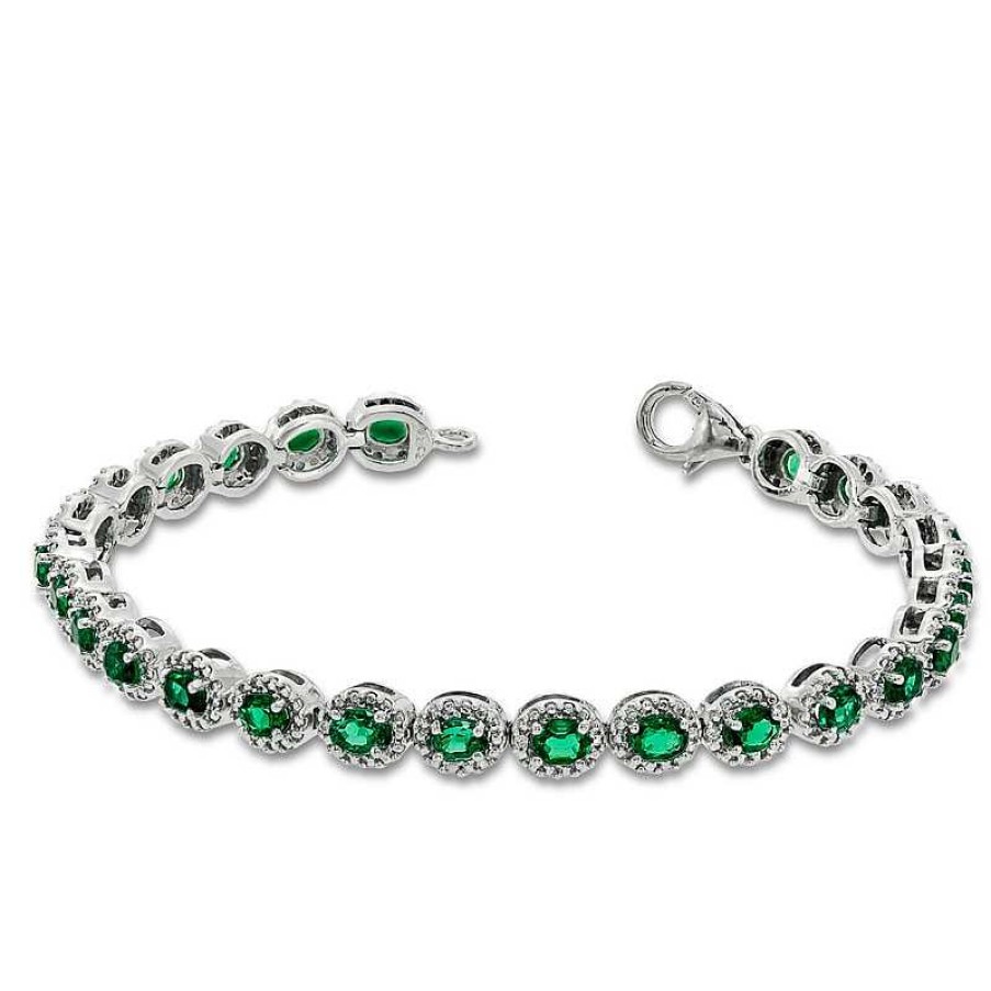 Zales Oval Lab-Created Emerald And Diamond Accent Frame Bracelet In Sterling Silver - 7.5" Bracelets