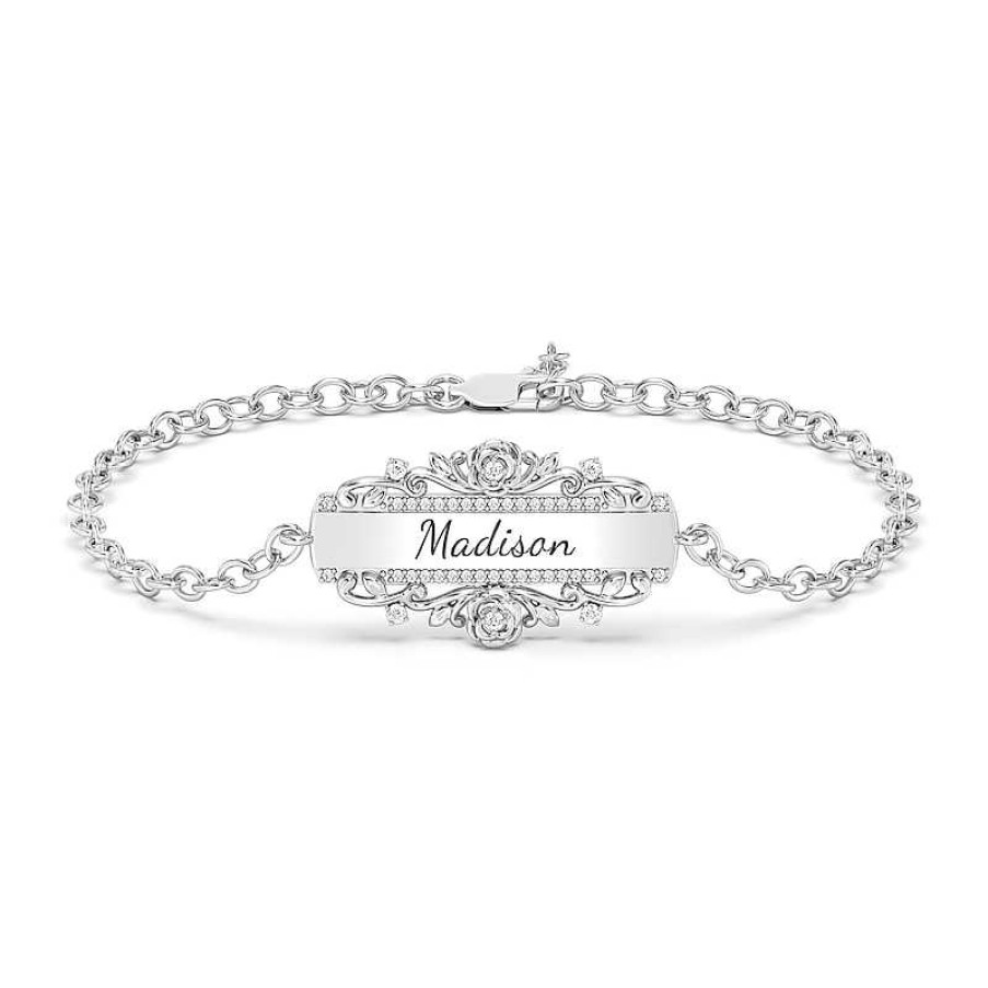 Zales Enchanted Disney Belle 1/5 Ct. T.W. Diamond Engravable Bar Bracelet In 10K White, Yellow, Or Rose Gold (1 Line) - 7.75" Bracelets