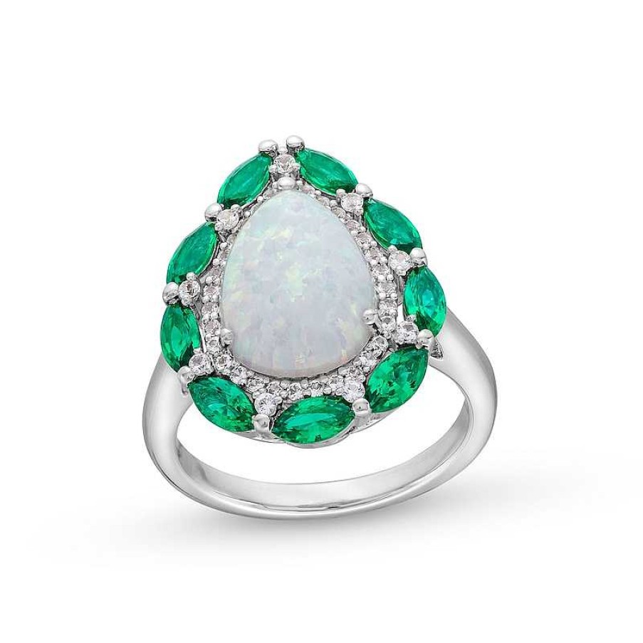 Zales Pear-Shaped Lab-Created Opal, Lab-Created Emerald And White Lab-Created Sapphire Frame Ring In Sterling Silver Rings