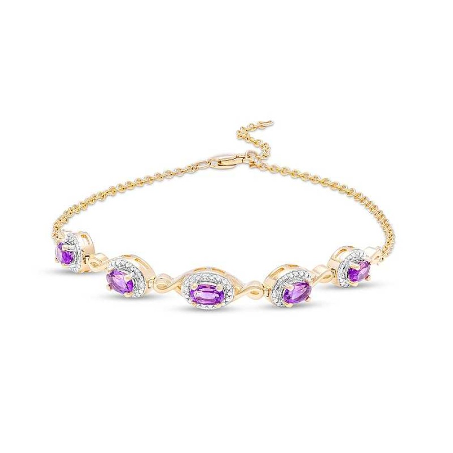 Zales Oval Amethyst And Diamond Accent Twist Five Stone Bracelet In 10K Gold 8.0" Bracelets