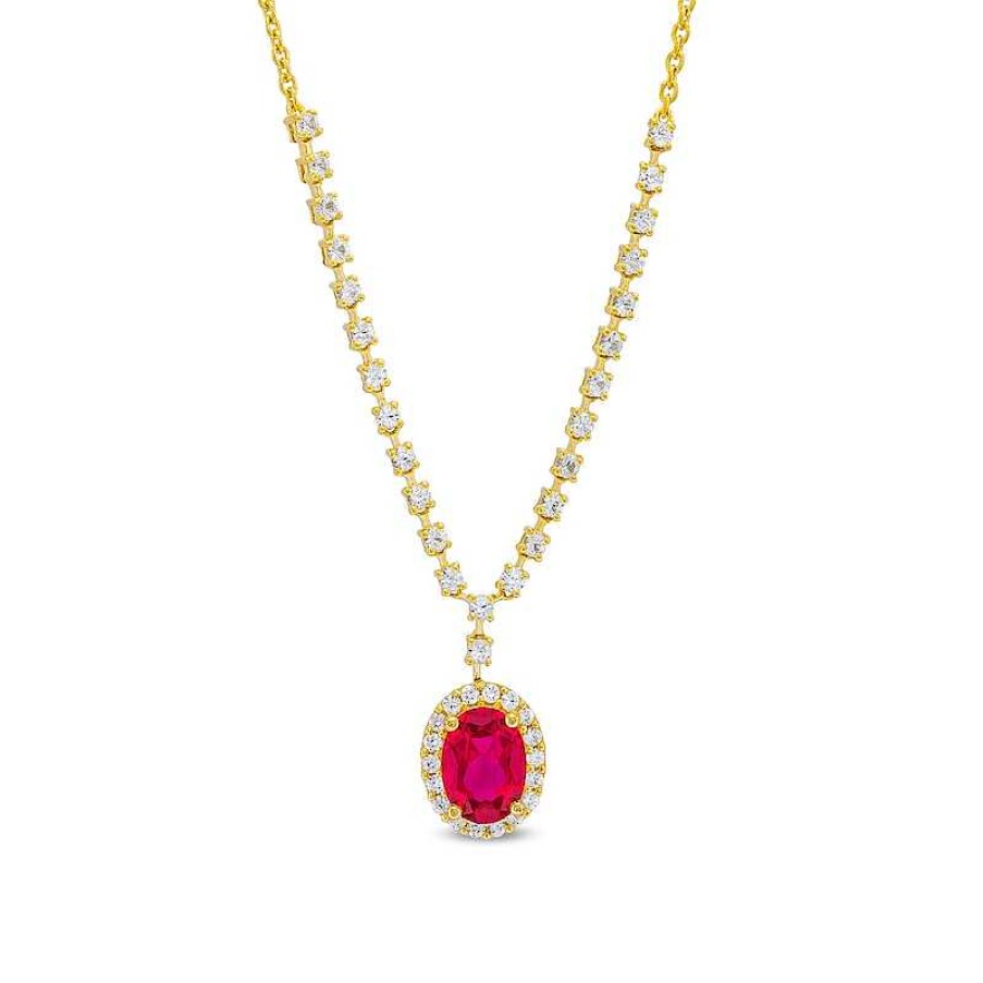 Zales Oval Lab-Created Ruby And White Lab-Created Sapphire Frame Chain Necklace In 10K Gold - 17" Necklaces