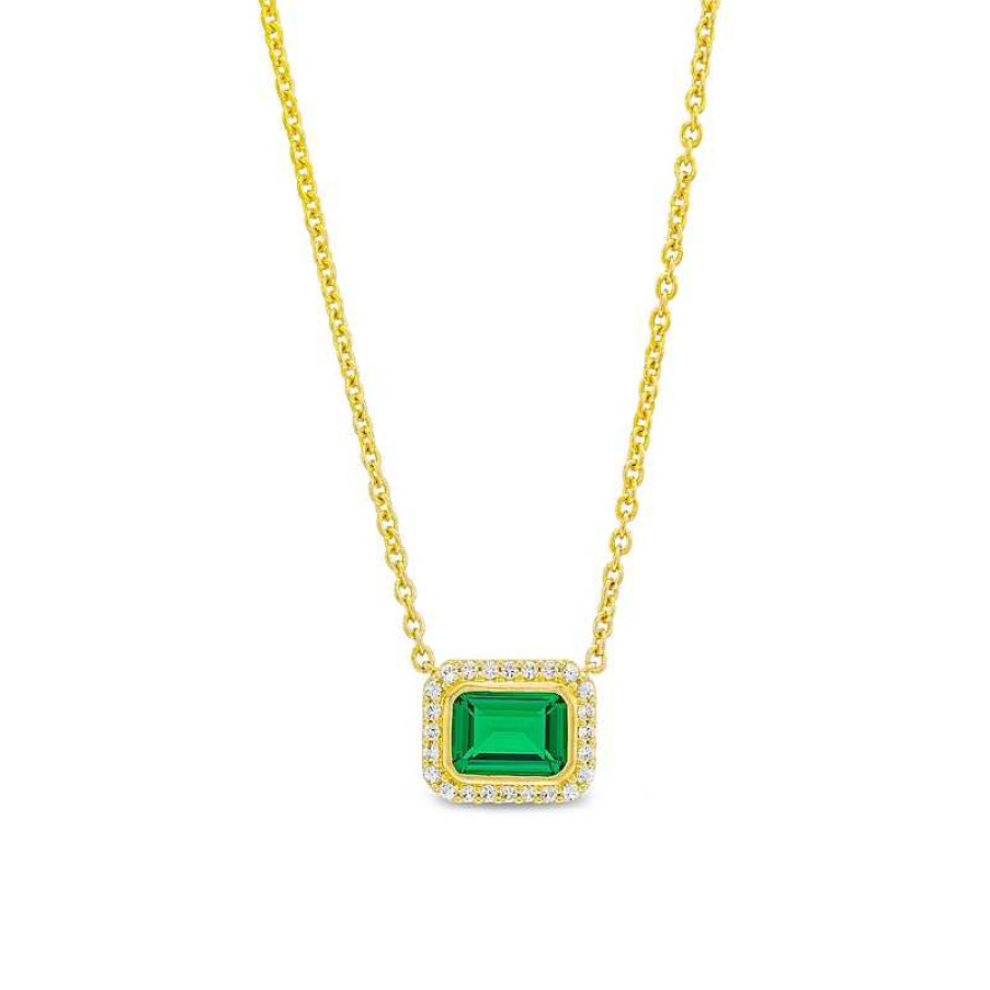 Zales Sideways Emerald-Cut Lab-Created Emerald And White Lab-Created Sapphire Frame Necklace In 10K Gold - 17" Necklaces