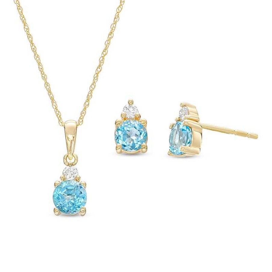 Zales Swiss Blue Topaz And 1/15 Ct. T.W. Diamond Stacked Drop Pendant And Stud Earrings Set In 10K Gold Earrings