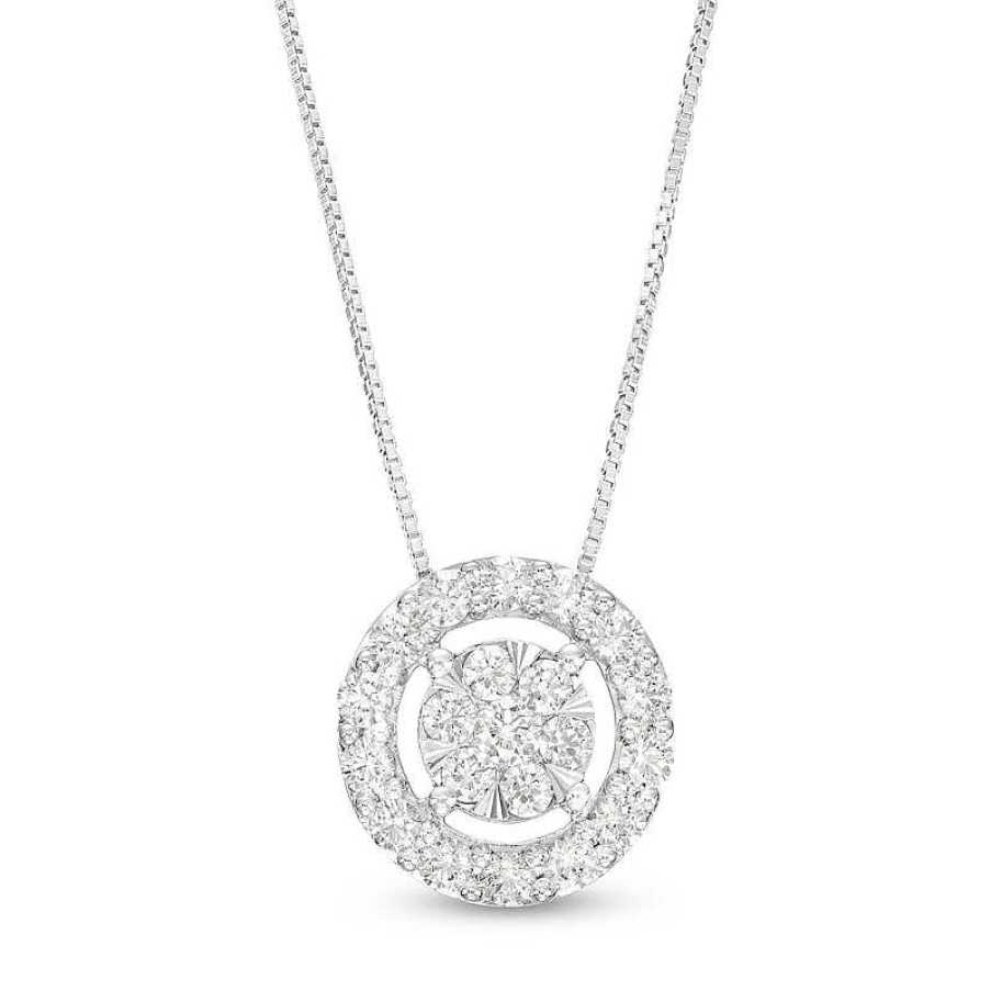 Zales 1 Ct. T.W. Multi-Diamond With Halo Pendant In 10K White Gold Necklaces