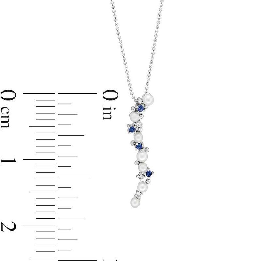 Zales Journey Cultured Freshwater Pearl, Blue And White Lab-Created Sapphire Curved Drop Pendant In Sterling Silver Necklaces