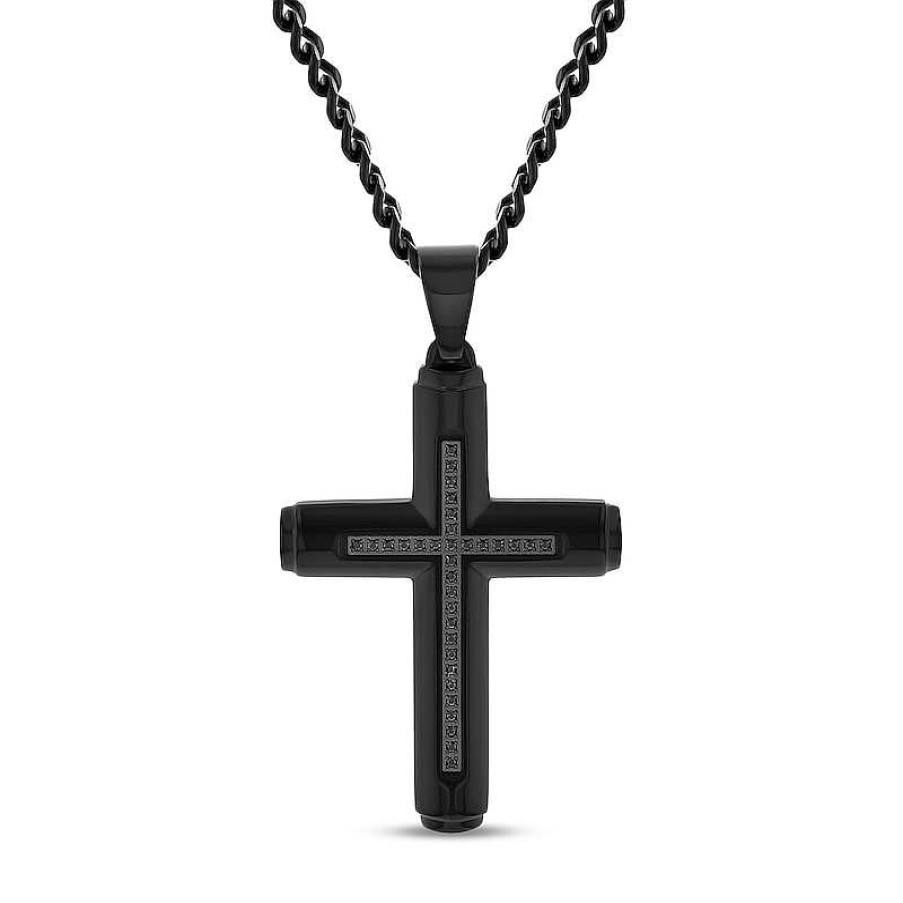 Zales Men'S 1/6 Ct. T.W. Black Diamond Cross Pendant In Stainless Steel With Black Ion Plate - 24" Necklaces