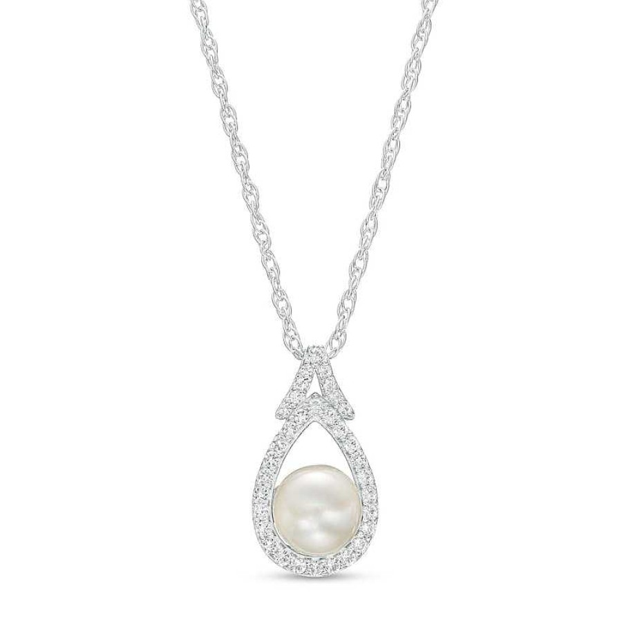 Zales 6.0Mm Cultured Freshwater Pearl And White Lab-Created Sapphire Pear-Shaped Frame Split Bail Pendant In Sterling Silver Necklaces