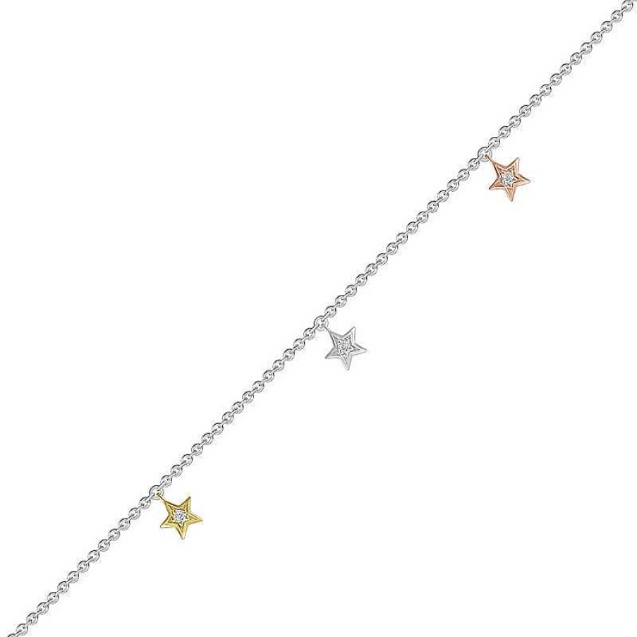 Zales Diamond Accent Triple Star Anklet In Sterling Silver And 10K Two-Tone Gold 10" Bracelets