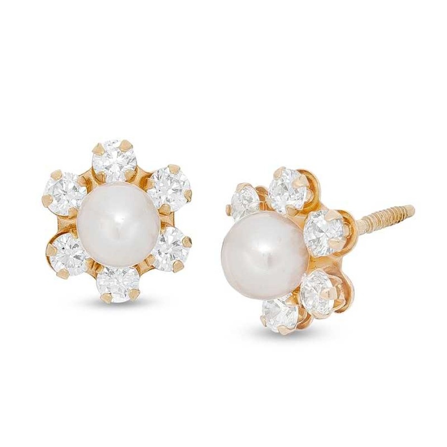 Zales Child'S 3.75-4.0Mm Cultured Freshwater Pearl And Cubic Zirconia Flower Frame Stud Earrings In 14K Gold Earrings