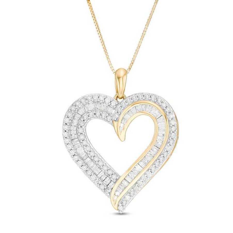 Zales 1 Ct. T.W. Baguette And Round Diamond Double Row Heart Pendant In 10K Gold Necklaces