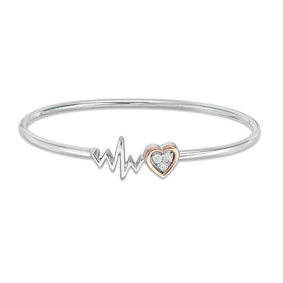 Zales Diamond Accent Heart And Heartbeat Convertible Flex Bangle In Sterling Silver And 10K Rose Gold Bracelets