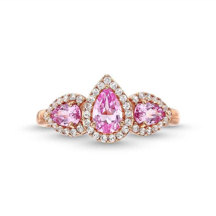 Zales Pear-Shaped Pink And White Lab-Created Sapphire Frame Three Stone Ring In 10K Rose Gold Rings