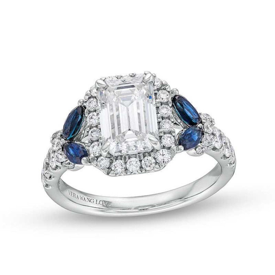 Zales True Lab-Created Diamonds By Vera Wang Love 2 Ct. T.W. Diamond And Sapphire Floral Engagement Ring In 14K White Gold Rings