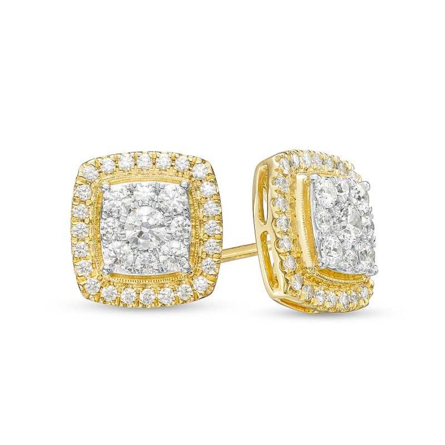 Zales 1 Ct. T.W. Cushion-Shaped Multi-Diamond Frame Vintage-Style Stud Earrings In 10K Gold Earrings