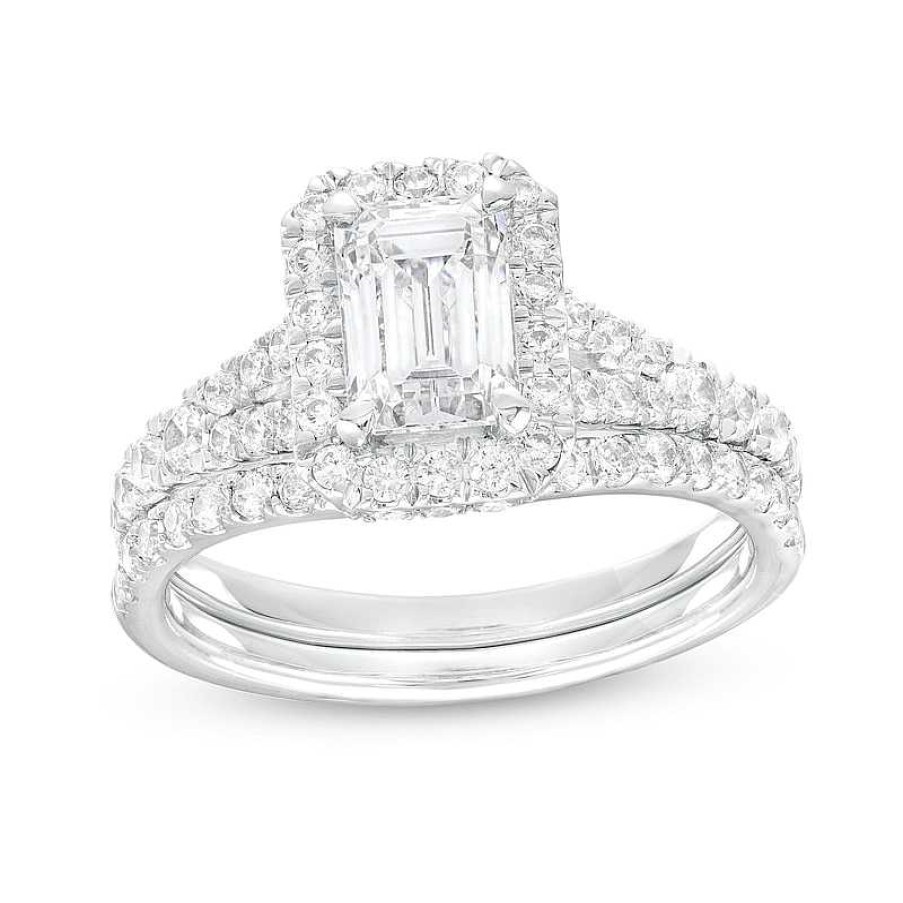 Zales 1-7/8 Ct. T.W. Certified Emerald-Cut Lab-Created Diamond Frame Split Shank Bridal Set In 14K White Gold (I/Si2) Rings