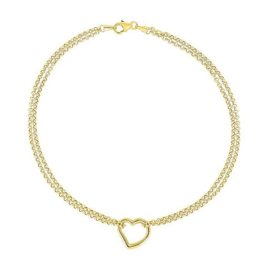 Zales 0.19Mm Diamond-Cut Rolo Chain Heart Anklet In Hollow 14K Gold - 10" Bracelets