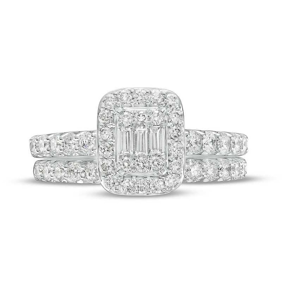 Zales 1 Ct. T.W. Emerald-Shaped Multi-Diamond Frame Bridal Set In 14K White Gold Rings