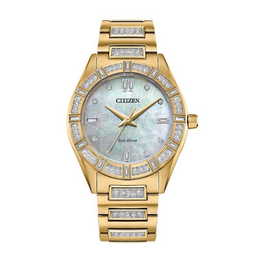 Citizen Ladies' Citizen Eco-Drive® Classic Crystal Accent Gold-Tone Watch With Mother-Of-Pearl Dial (Model: Em1022-51D) Watches