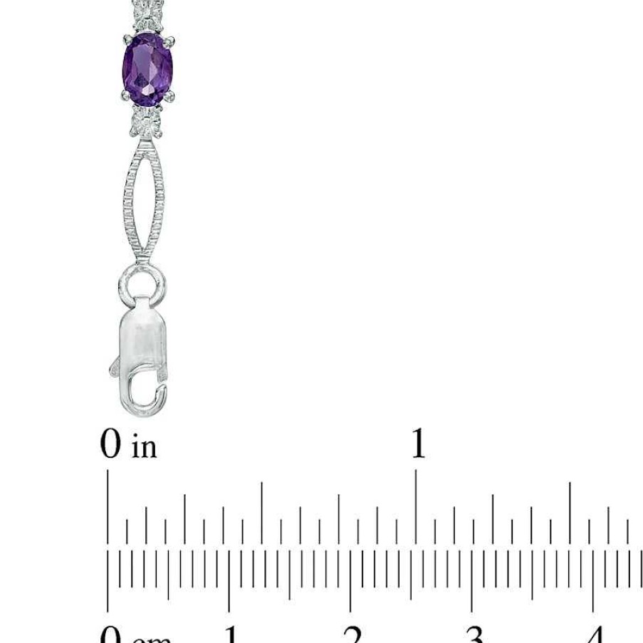 Zales Oval Amethyst And Diamond Accent Textured Marquise Bracelet In Sterling Silver - 7.25" Bracelets