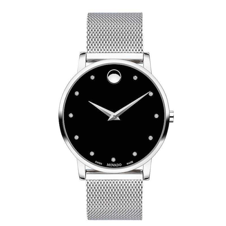 Movado Men'S Movado Museum® Classic Diamond Accent Silver-Tone Mesh Watch With Black Dial (Model: 607511) Watches