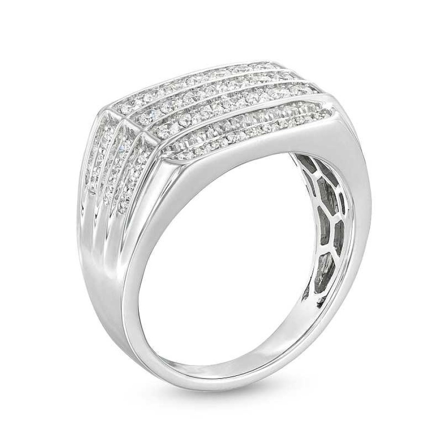 Zales Men'S 1 Ct. T.W. Certified Lab-Created Diamond Squared Triple Row Ring In 14K White Gold (F/Si2) Rings