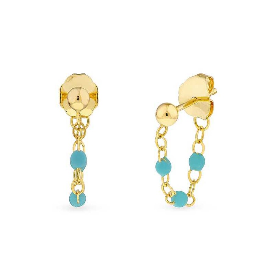 Zales Turquoise Enamel Station Chain Drop Front/Back Earrings In 14K Gold Earrings