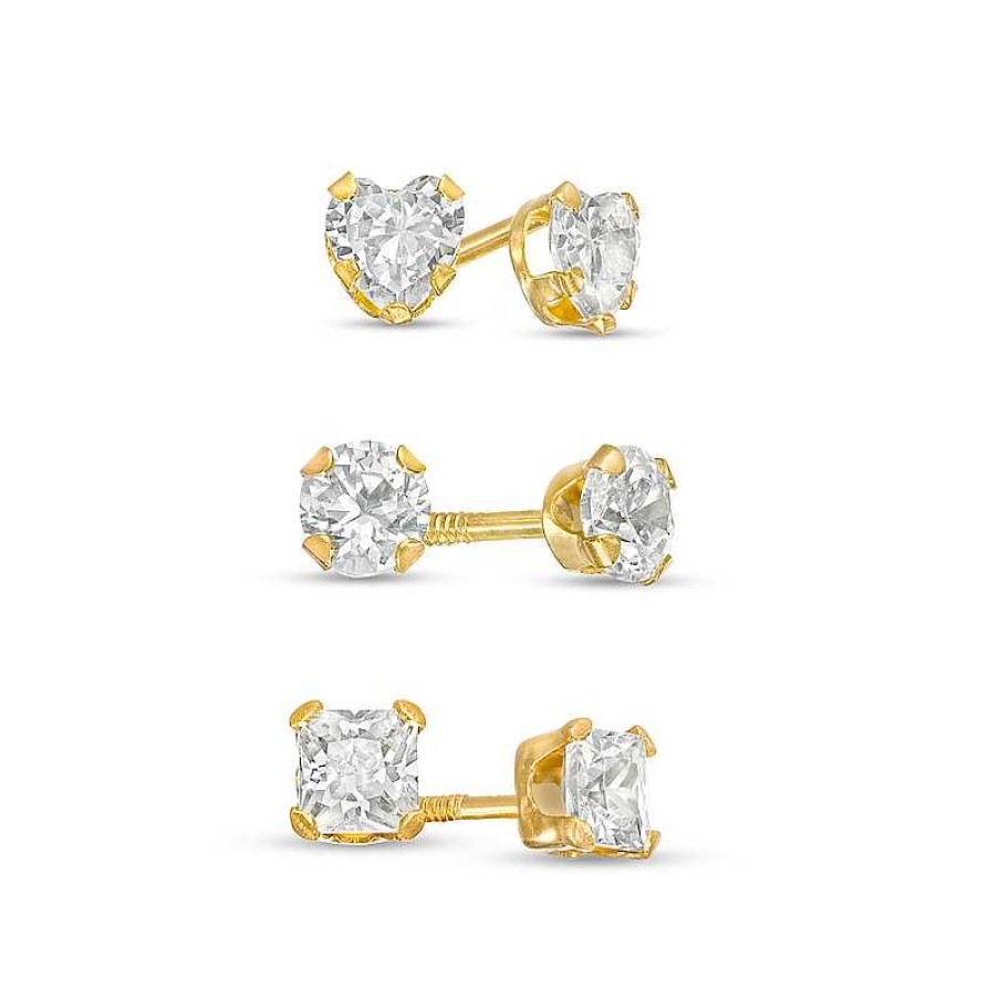 Zales Child'S Multi-Shaped Cubic Zirconia Three Pair Stud Earrings Set In 14K Gold Earrings