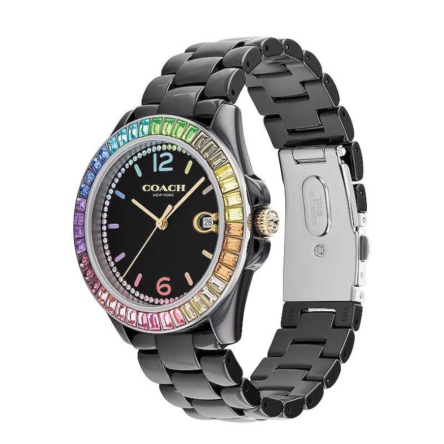 Coach Ladies' Coach Greyson Multi-Color Crystal Accent Rainbow Bezel Black Ceramic Watch With Black Dial (Model: 14504018) Watches