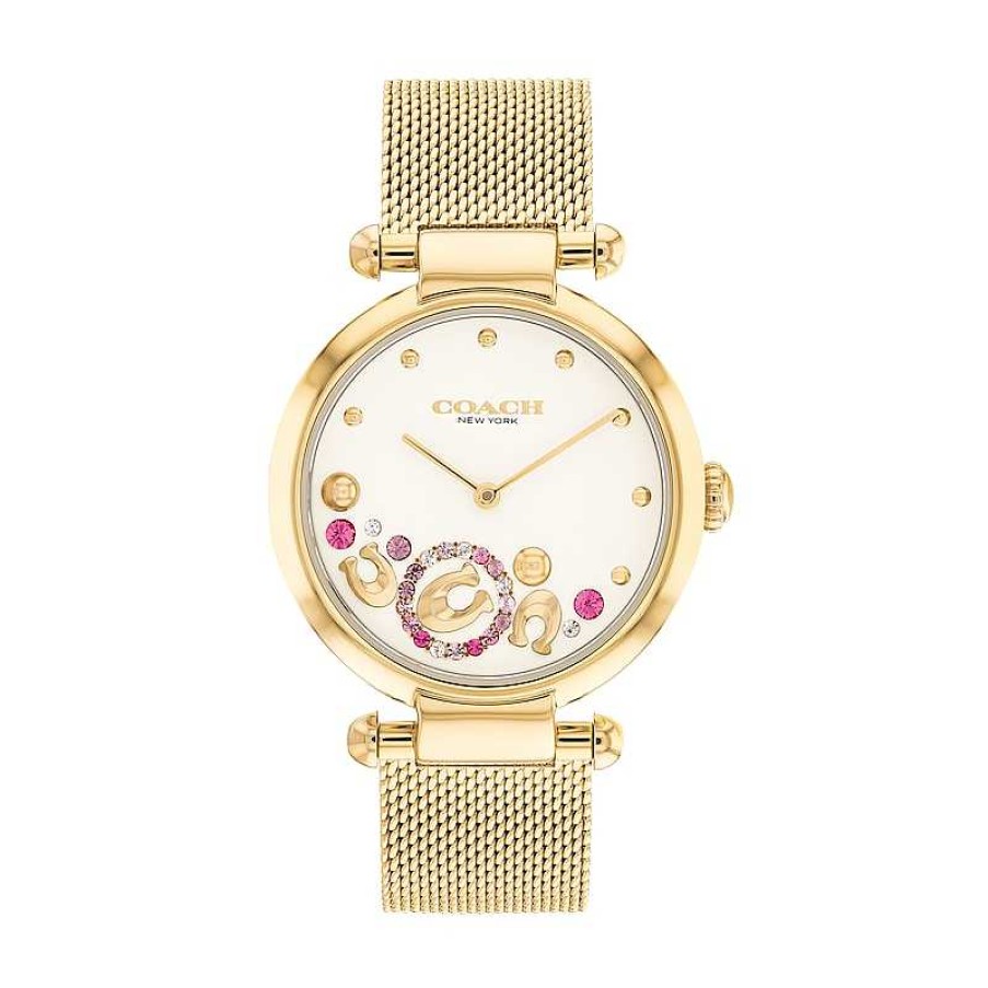 Coach Ladies' Coach Cary Crystal Accent Horseshoe Gold-Tone Ip Mesh Watch With Silver-Tone Dial (Model: 14504003) Watches