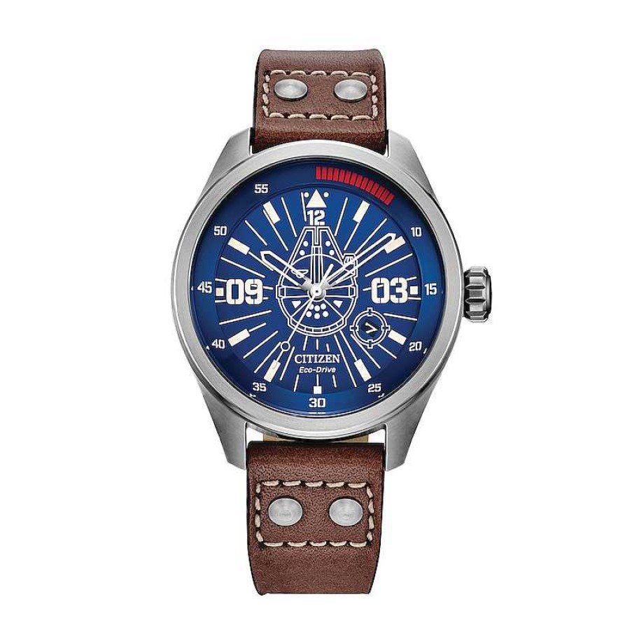 Citizen Men'S Citizen Eco-Drive® Star Wars Han Solo Brown Leather Strap Watch With Blue Dial (Model: Aw5009-03W) Watches